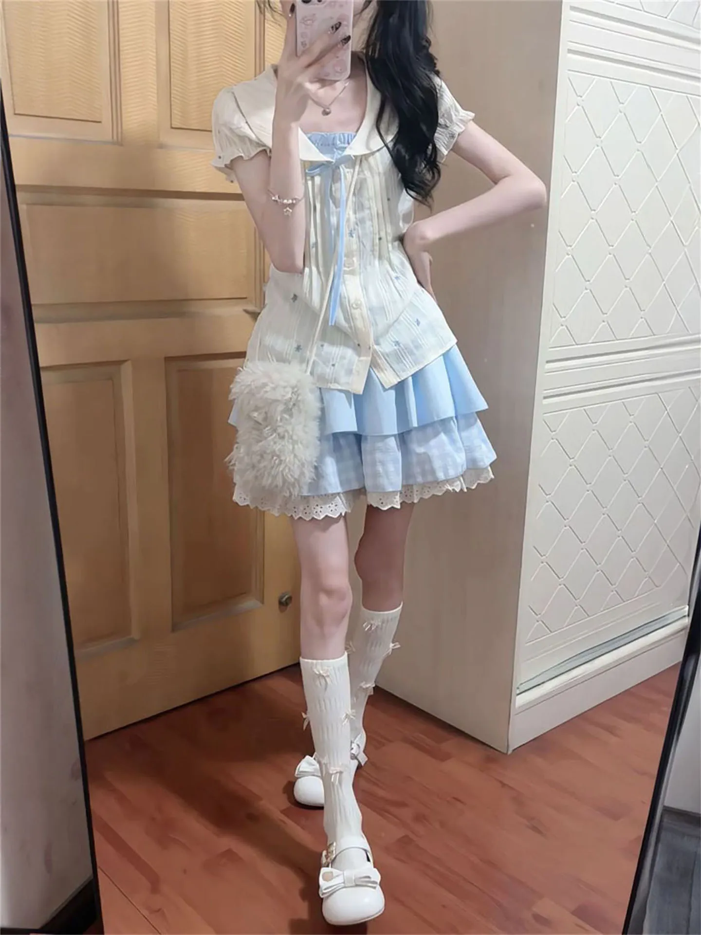 

Cute Sweet Sister Doll Collar Bubble Sleeve Shirt Blue Cake Skirt Set Women's Fashion Summer Outfit High Waist Short Sleeve