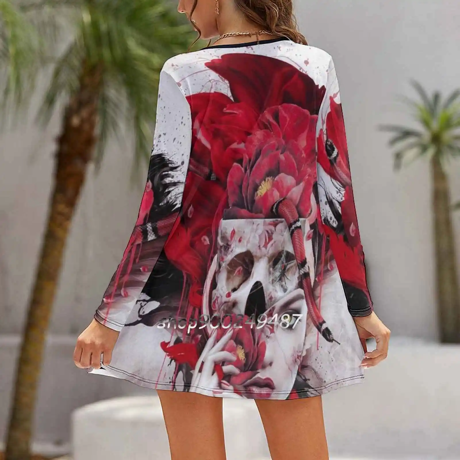 Poisonous Flowers Long Sleeve Sexy Dresses For Women 2022 Ladies Vintage Elegant Party Dress Skull Animals Womens Snake Red