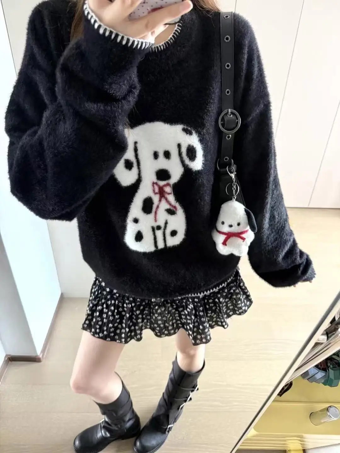 

Loose Korean Sle Dog Spot Knitted Velvet Bla Sweater round Ne Soft Cozy Hand Sewn Line Lazy Mink Long Sve Top