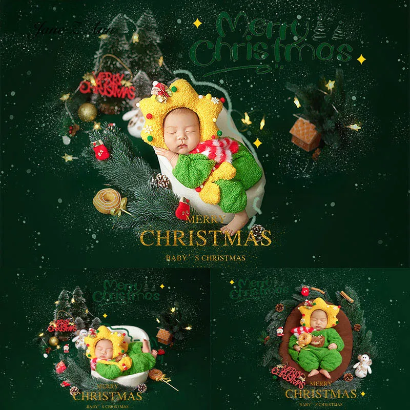 

Newborn Christmas photography props set baby photo costume yellow hat+green romper +striped scarf infant photoshoot outfit
