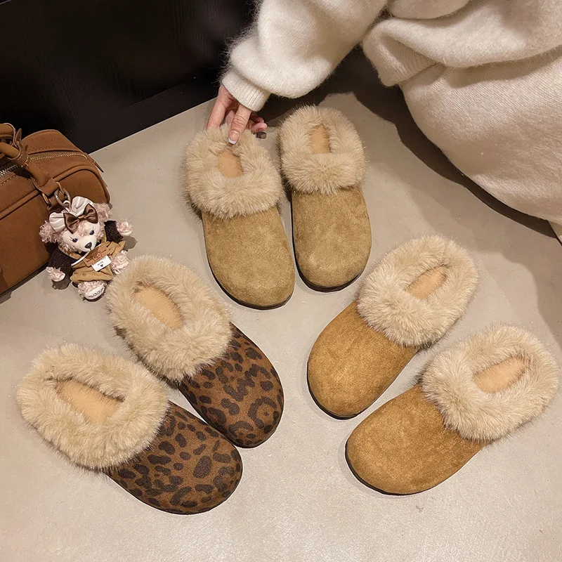 

Closed-Toe Slippers for Women 2025 New Autumn and Winter Leopard Print Casual Versatile Soft Sole Furry Slippers