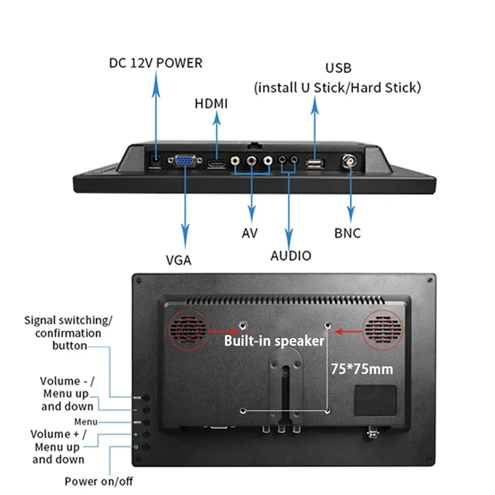 Portable Monitor 13.3 inch 1366x768 TFT Panel LCD Display Secondary Monitor With Remote Control VGA BNC USB For Switch Laptop