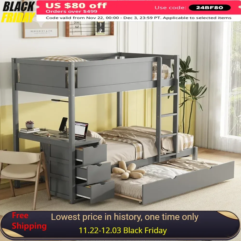 Bunk Bed ,Twin Size Trundle, with USB Ports, Storage and Desk,Twin,Beds Frame,Solid Wood Bunk Beds