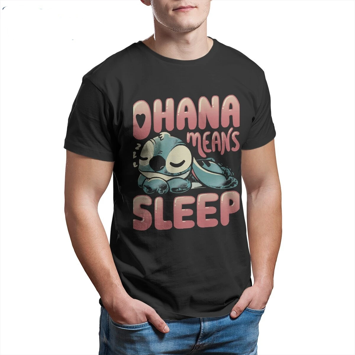  Stitch Ohana Means Sleep  T-Shirts Men  Leisure 100% Cotton Tee Shirt O Neck Short Sleeve T Shirt Plus Size Clothes