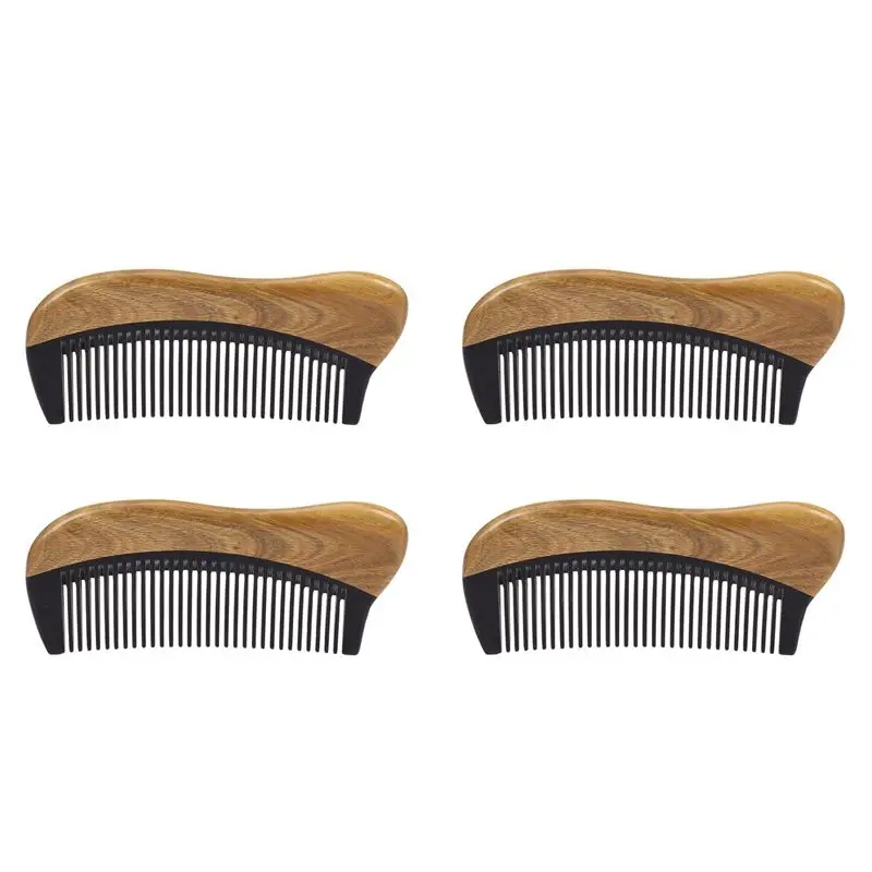 ABCA-4X Natural Green Sandalwood Hair Comb - No Static Wooden Fine Tooth Black Buffalo Horn Comb (Green Sandalwood)