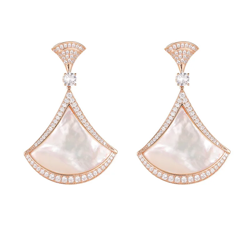 Elegant Fan-Shaped Mother of Pearl & CZ Diamond Earrings - 18K White/Rose/Yellow Gold Plated, Natural Stone Party Jewelry