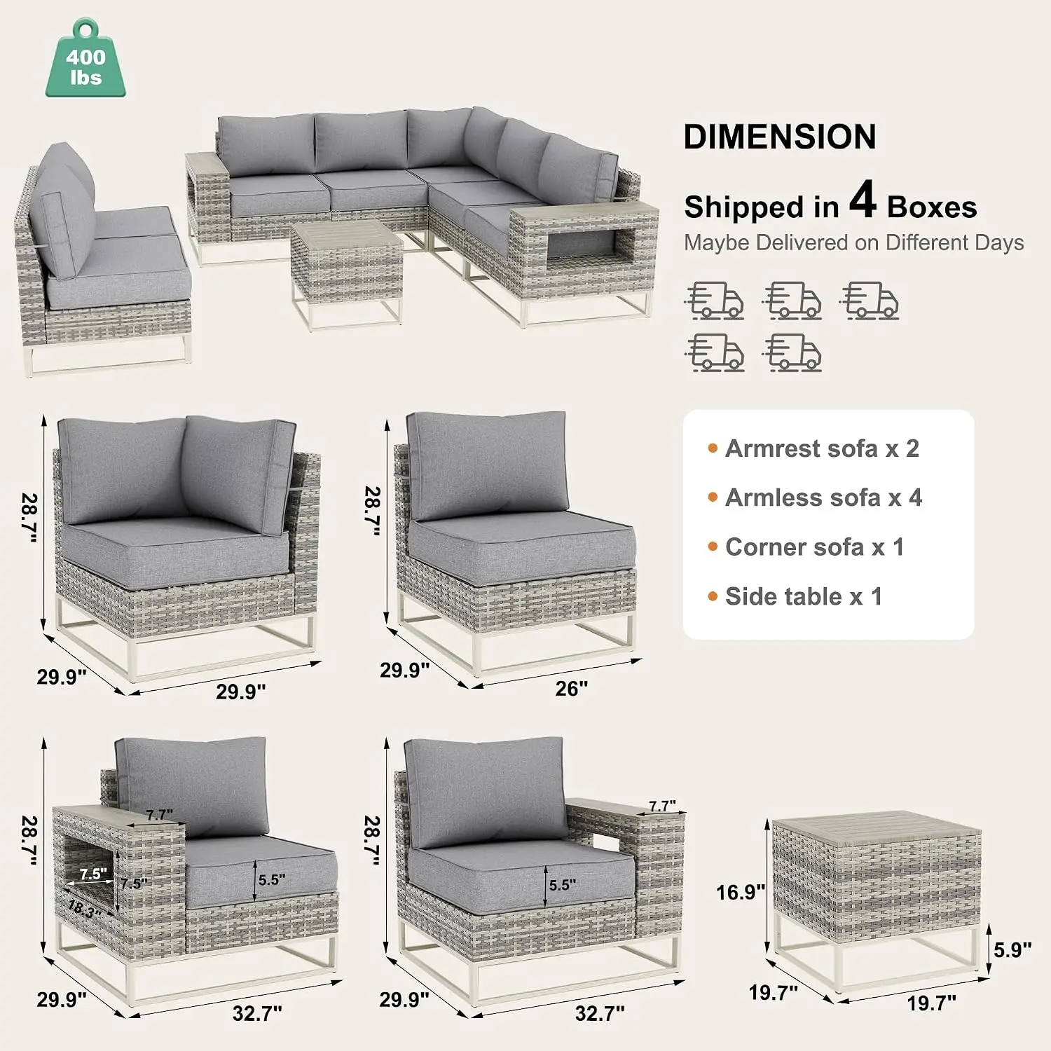 8 Set Wicker Patio Furniture Set Outdoor Sectional with 5.5