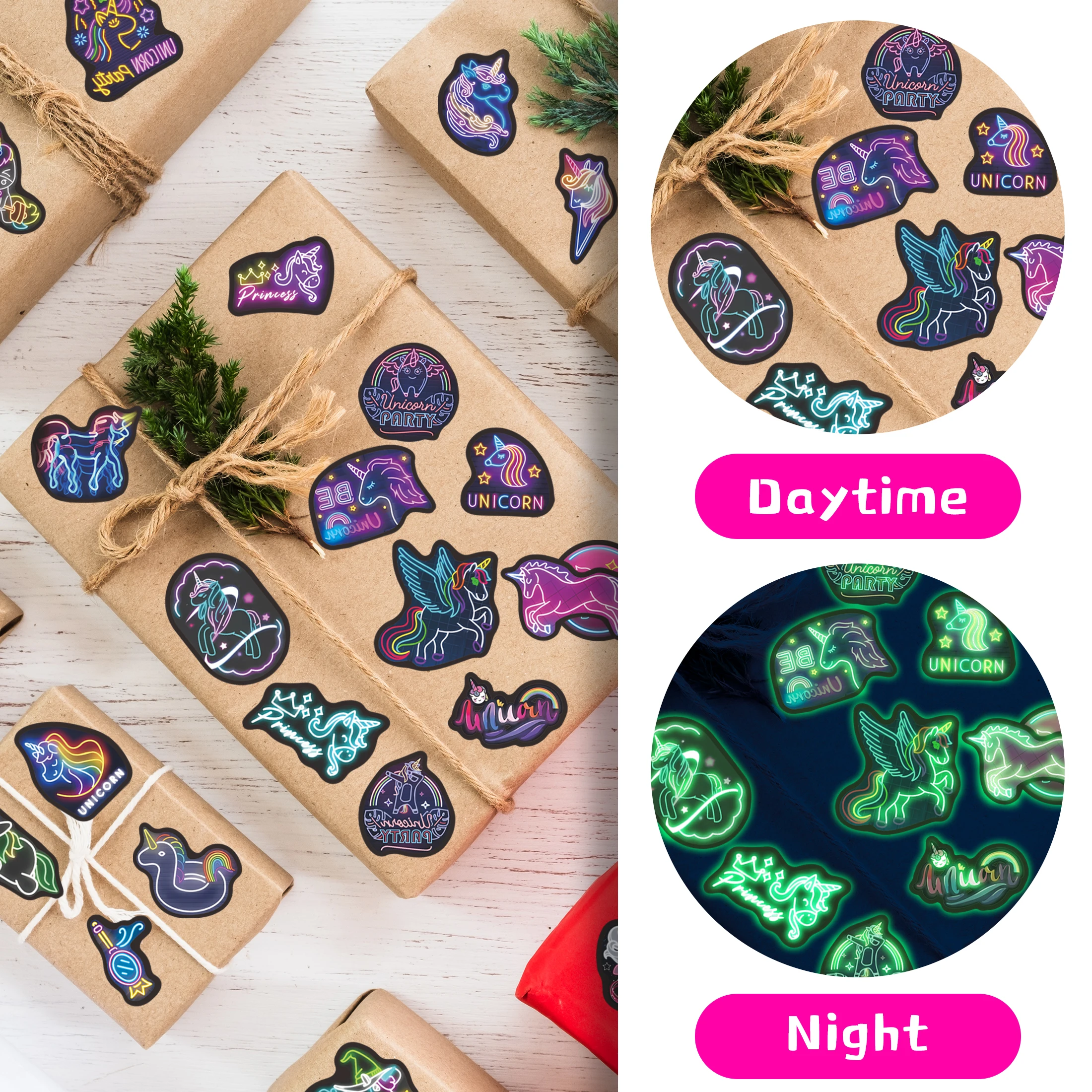 Neon Water Bottle Stickers for Kids Glow in The Dark, 63 PCS Vinyl Unicorn Waterproof Stickers Pack for Laptop Skateboard Phone