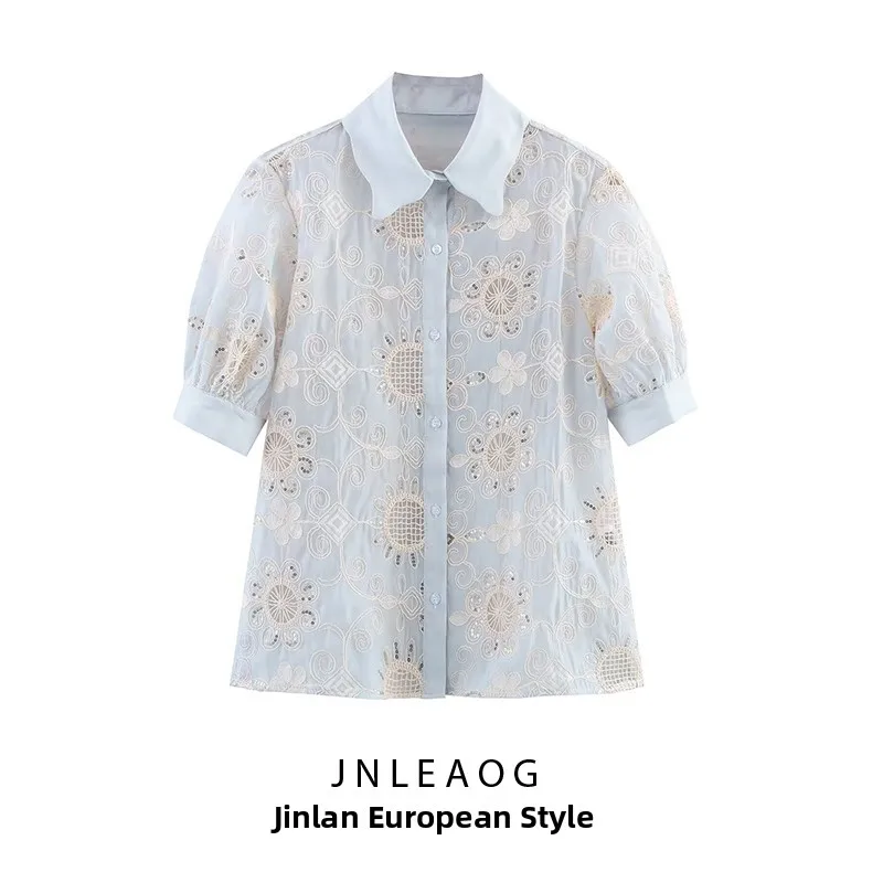 قميص نسائي جديد من JNLEAOG لربيع هذا العام بتصميم عصري وأنيق مع تطريز بالترتر، فضفاض وغير رسمي مصنوع من ألياف البوليستر بأكما...
