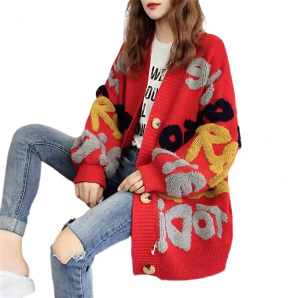 Women Sweater Cozy Knitted Sweater Coat for Women Mid Length Loose Cardigan Jacket with Letter Pattern Color Matching for Ladies