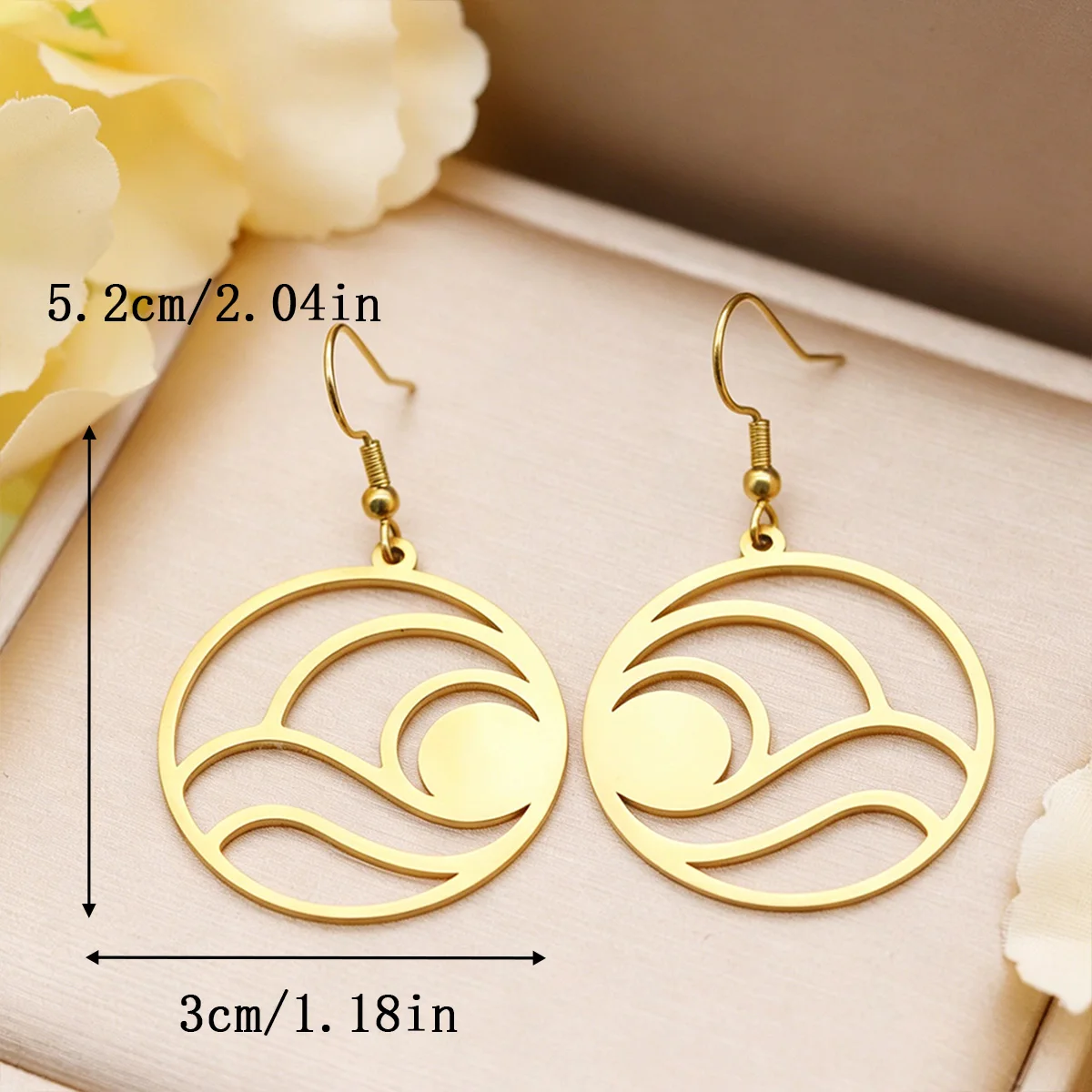 Kinitial Stainless Steel Round Ocean Wave Sun Hook Earrings Abstract Sea Sunset Dangle Drop Earrings For Women Piercing Jewelry