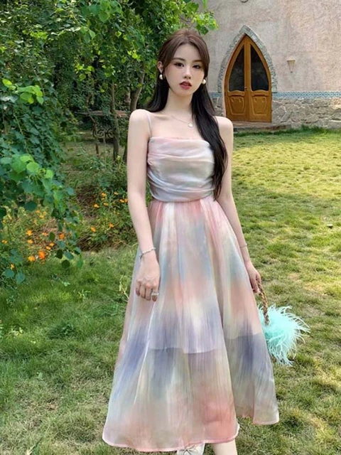 Women s Summer Backless Beach Long Dress Korean Style Sleeveless Print Tulle Slip Dress Elegant Sexy Club Party Ladies Dresses AliExpress