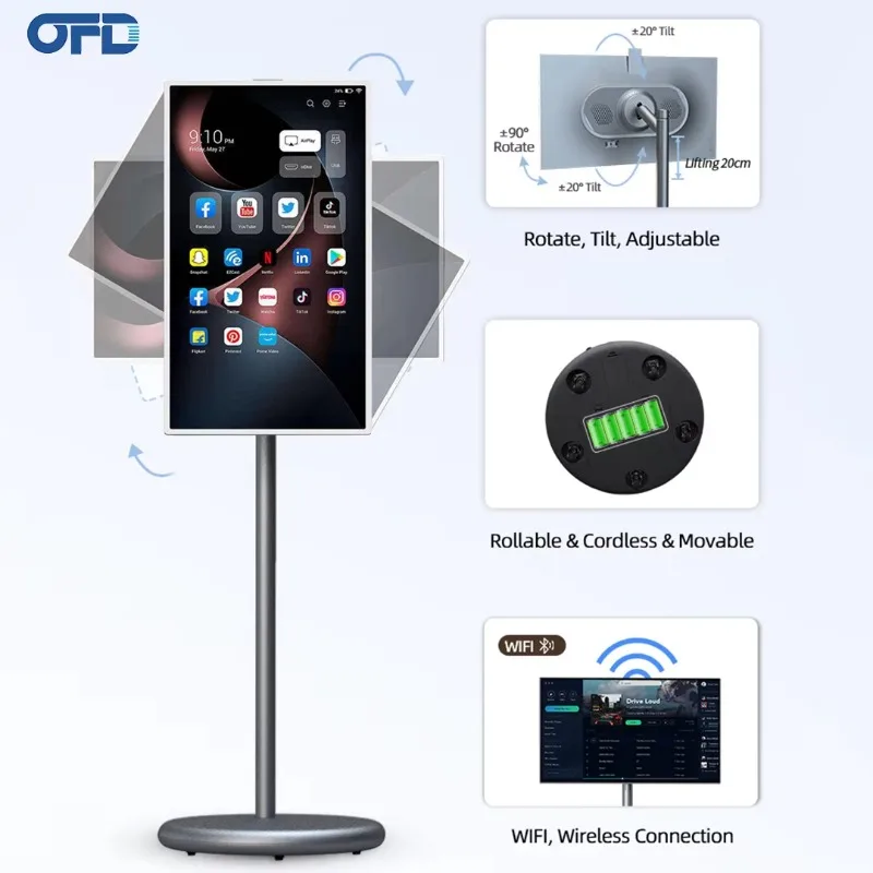 لافتات رقمية متحركة 27 بوصة شاشة تلفزيون ذكية عالية الدقة الكل في واحد شاشة لمس متنقلة تلفزيون ذكي على عجلات