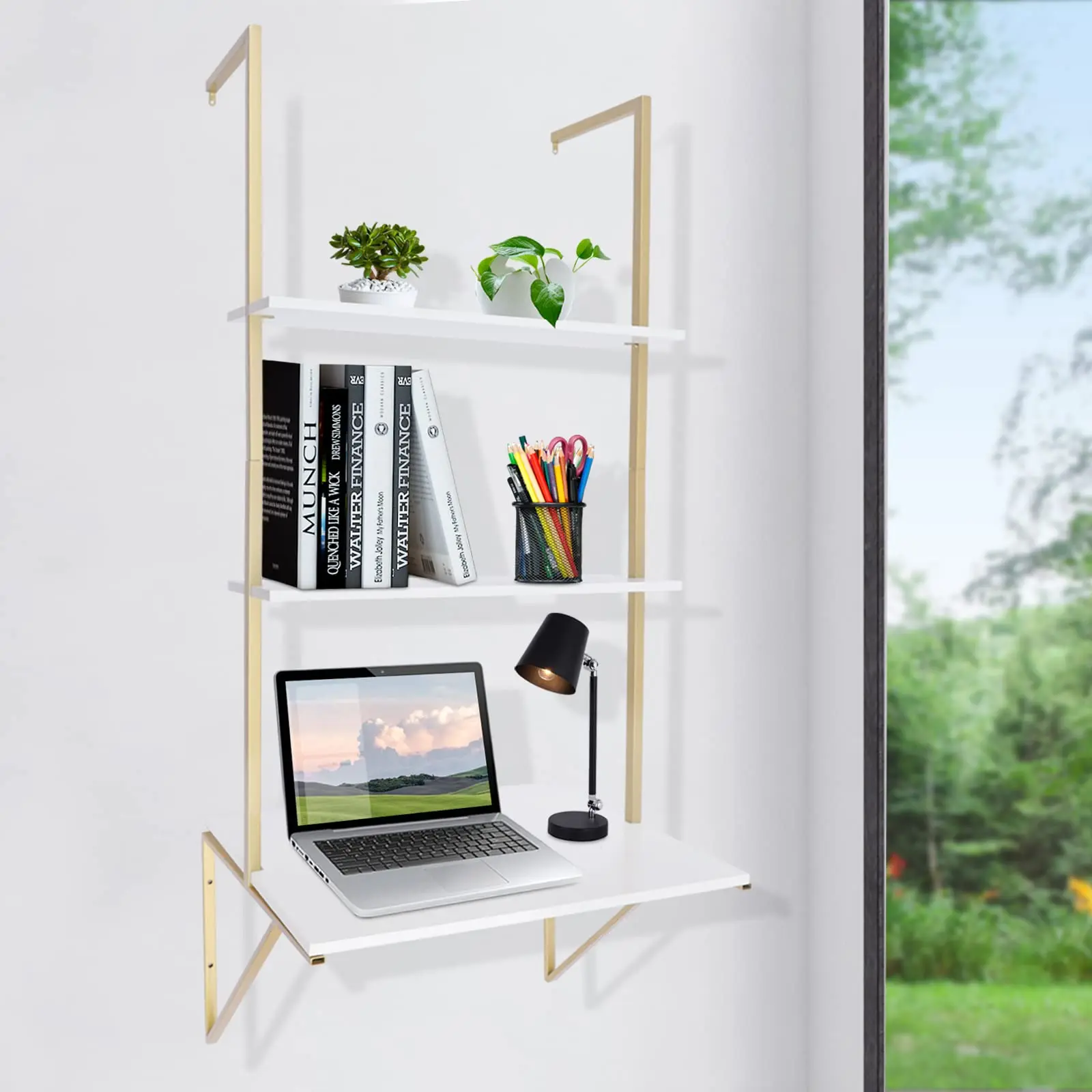 

Настенный стол, 3-уровневый компьютерный стол с лестницей и книжной полкой для хранения, настенный стол, промышленный книжный шкаф, промышленный плавающий стол