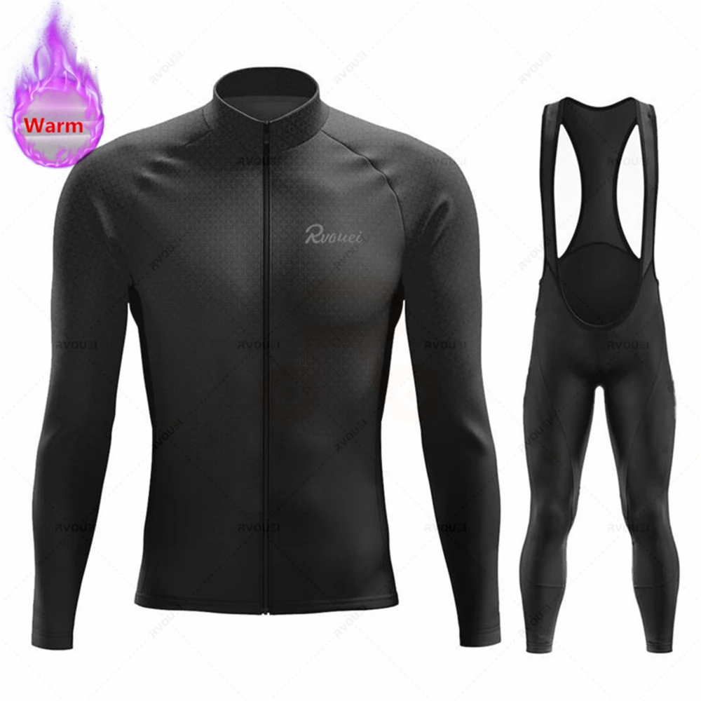 Warm Winter Thermal Fleece Cycling Clothes Rvouei Men Jersey Suit Outdoor Bike MTB Clothing Bib Pants Set Ropa Maillot Ciclismo