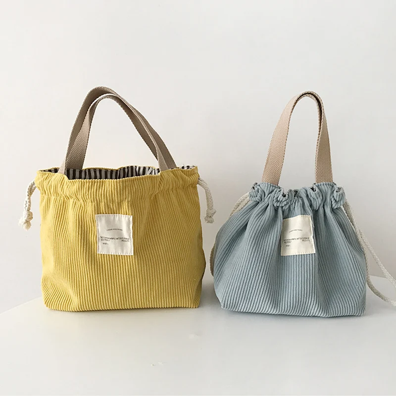 Lunch Bag Corduroy Canvas Lunch Box Drawstring Picnic Tote Eco Cotton Cloth Small Handbag Dinner Container Food Storage Bags