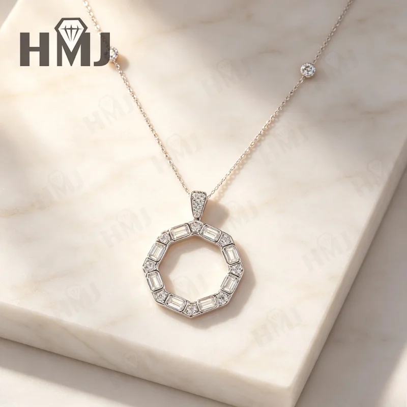 925 Sterling Silber Halskette mit Baguette-Schliff Moissanit Oktagonaler Kreisanhänger Hohlkreiskette Schmuckgeschenk für Frauen Charms – Detail 9