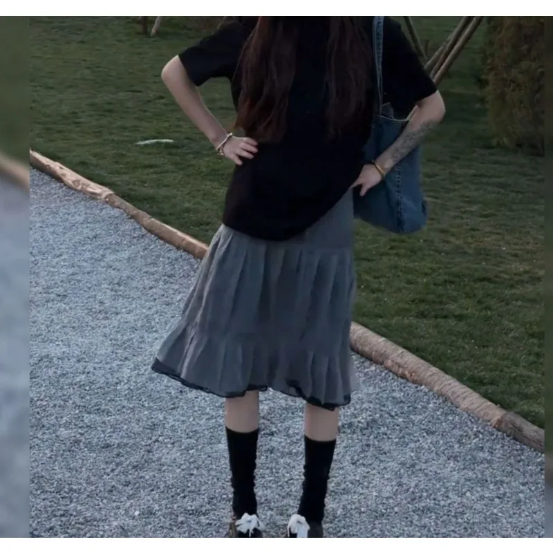Korean New Products Show Thin Design Sense Fake Two-piece Lotus Leaf Skirt Versatile Temperament Skirt Mid-skirt
