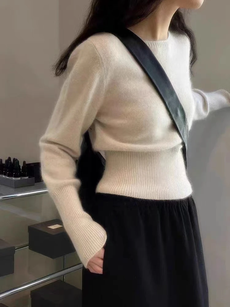 

One line collar solid color knitted sweater slim fit and stylish sweater for women's new autumn and winter top
