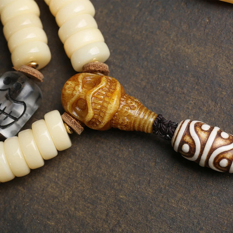 Chicken oil yellow bone 108-bead multi-loop bracelet with A-dai and Si-tuo lin three-way connectors