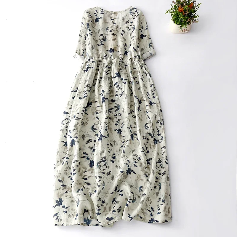 Zomermode Bloemenprint Katoen Linnen A-lijn Jurk Voor Vrouwen Korte Mouw V-hals Bohemen Zoete Japon Vrouwelijke Zachte Gezellige