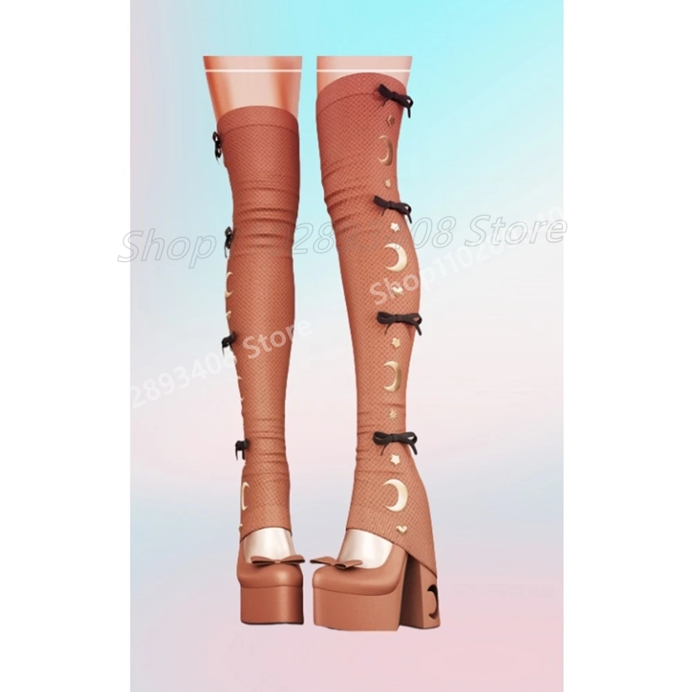 Novo design arco plataforma sobre o joelho botas sólido grosso salto alto dedo do pé redondo moda sexy sapatos femininos 2025 zapatos para mujere