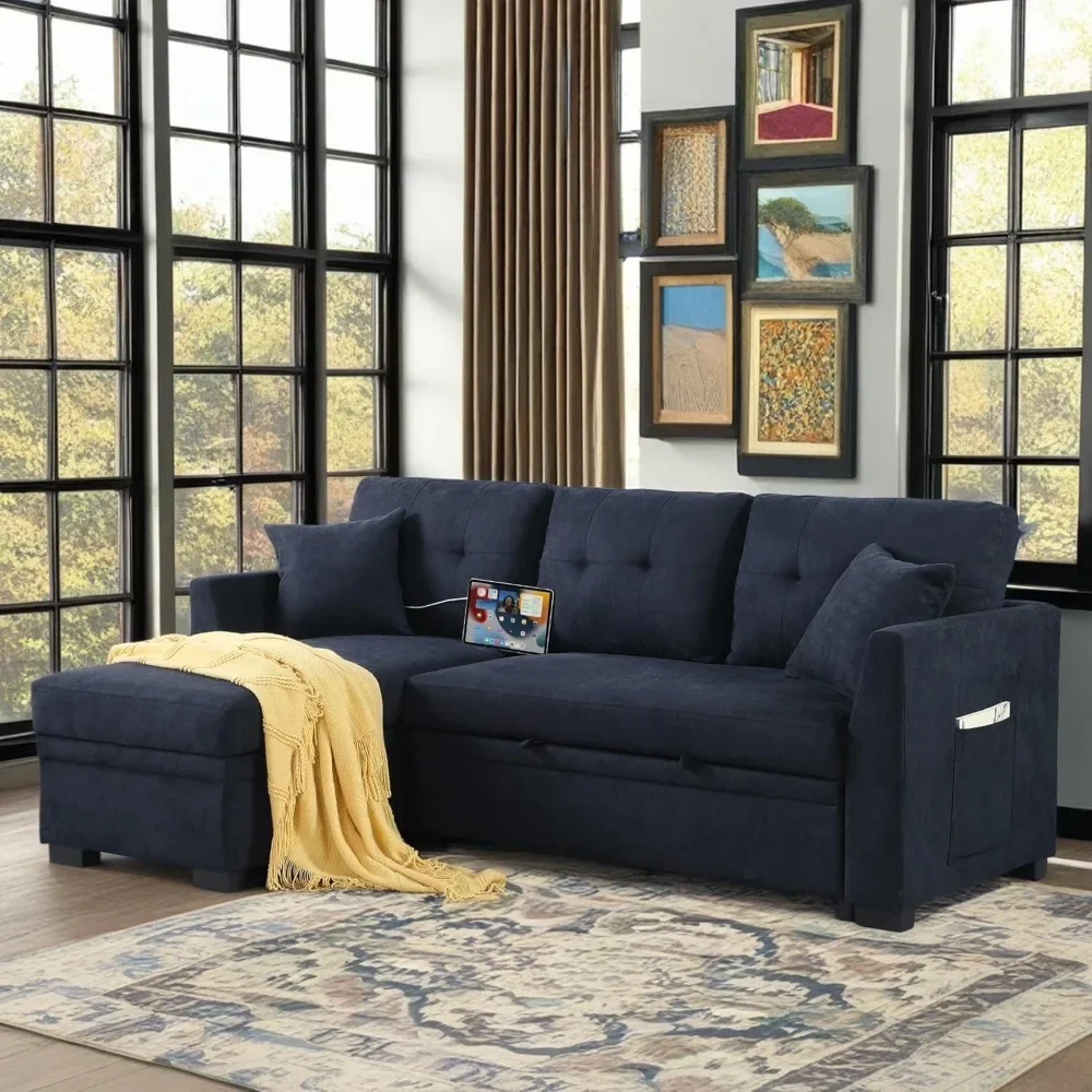 81.5-inch L-shaped Convertible Combination Sofa Bed with Recliner and USB, 4-person Velvet Reversible Sofa Bed