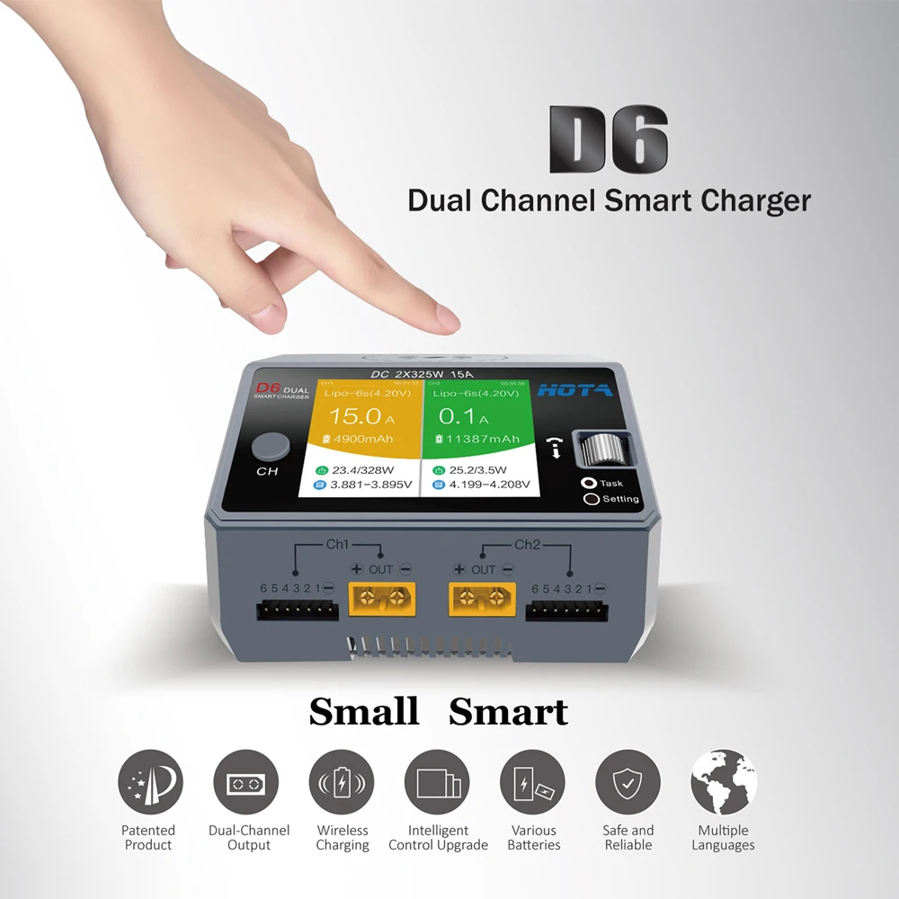 HOTA D6 Dual Smart Charger, DC 650W 15A, Max 1600mA, Built-in Micro USB, Compatible with 1-6S Lipo,LiHV,NiZn,Nicd,NiMH Batteries