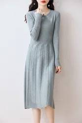 Women's Round Neck Pleated Dress, 100% Merino Wool, Multi-Color Long Sweater, Autumn, Winter, New, Official