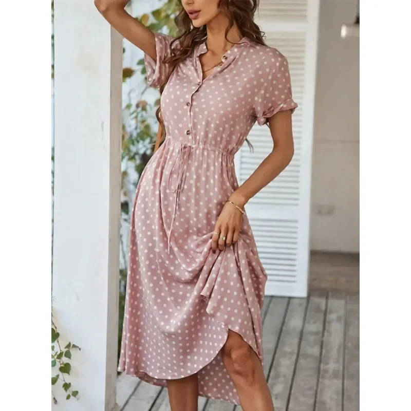 

Ladies Polka Dot Print Shirt Dress Women Casual Midi Holiday Summer Dress Female Loose Women Beach Dress Sundress Robe Vestidos