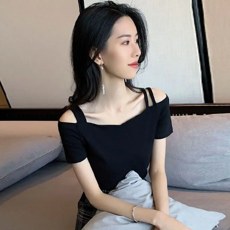 Women Summer Korean Fashion Slim Solid Color Off Shoulder Short Sleeve T-Shirt Women Clothes Casual All-match Appear Thin Tops