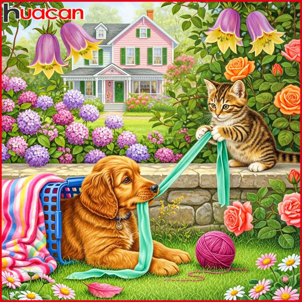 Huacan Diamantmalerei Katze Hund Diamant-Mosaik Tier Landschaft Komplettes Set Bild aus Strasssteinen