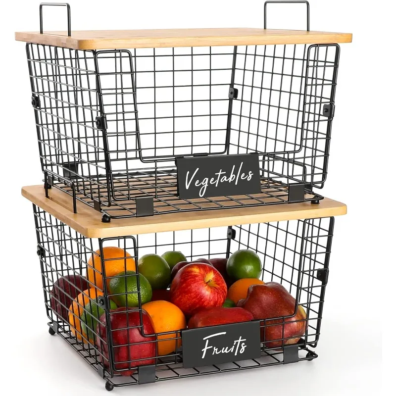 2 Set Stackable Wire Basket with Bamboo Top - Kitchen Counter, Pantry Organizer and Storage - Produce Onion Potato Fruits Vegs