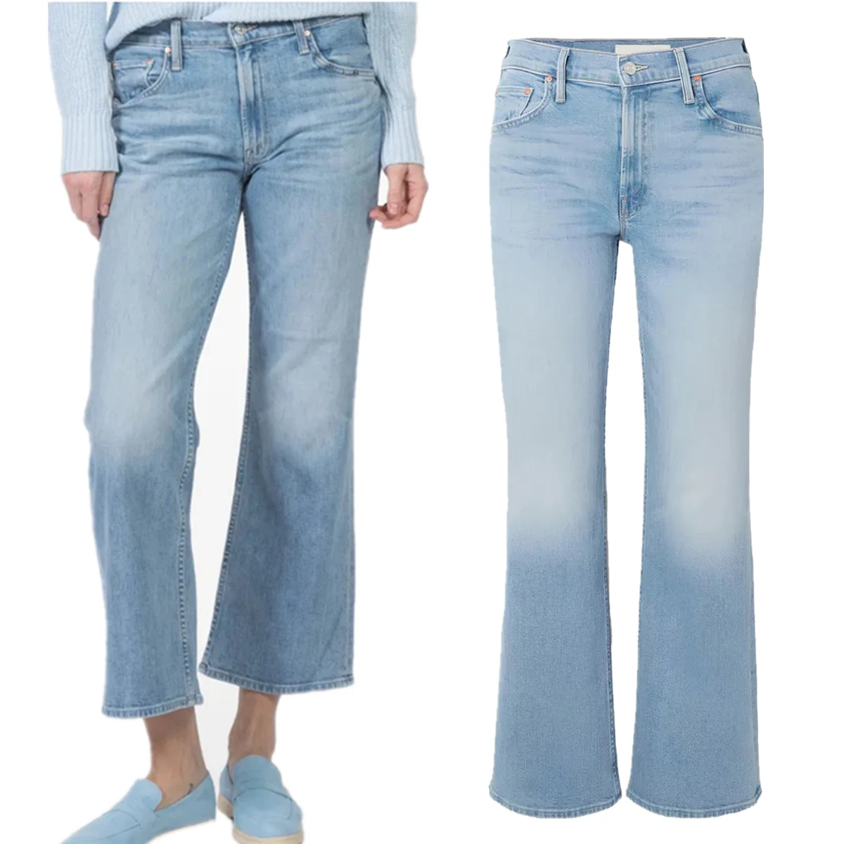 

Dave&Di Top Quality Denim Pants Women Mom Jeans American Retro Sky Blue High Waist Elastic Flared Cropped Jeans For Women
