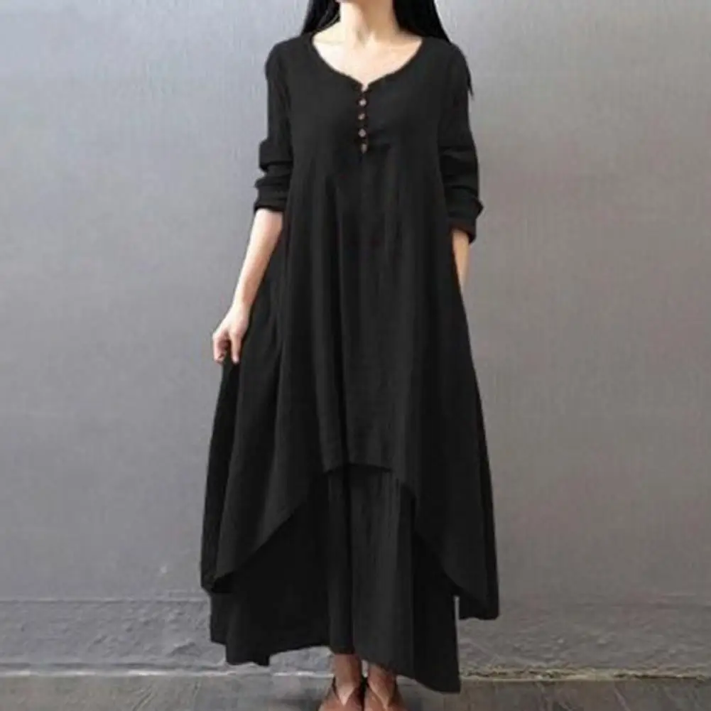 1Pc False Two Pieces Baggy Dress Buttons Decor Large Hem Retro Dress V-Neck Solid Color Long Sleeve Loose Fit Dress Streetwear