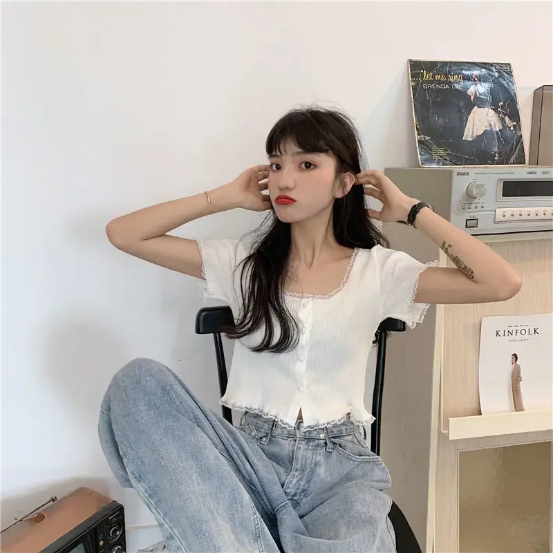 Woman TShirts Women\'s Knitted Short-Sleeved Skinny Short Summer White Top Crop Top Mujer Camisetas