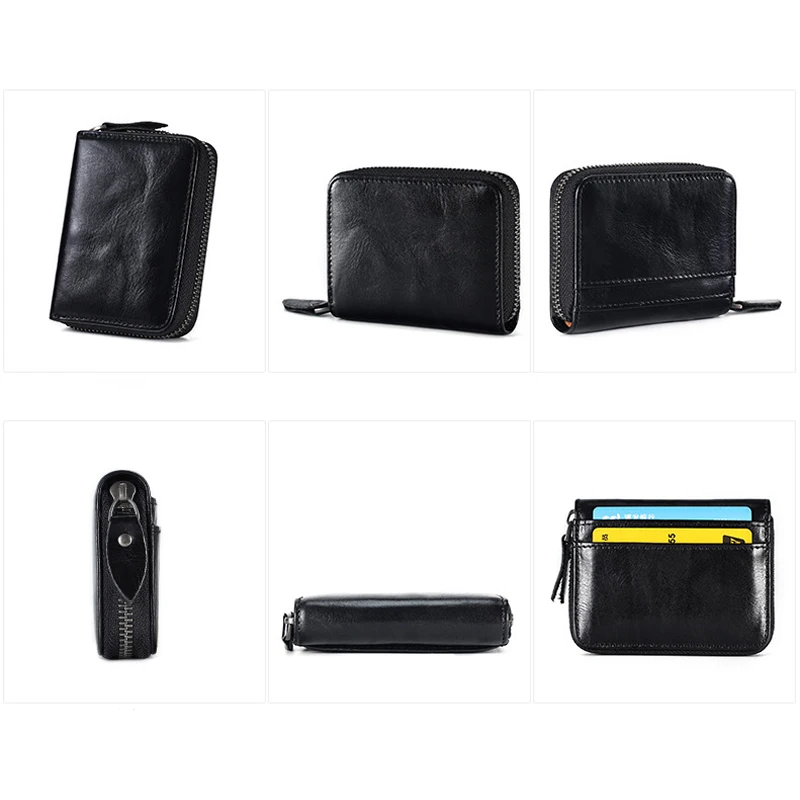 Schwarzes Kartenetui für Visitenkarten, Rindsleder, echtes Leder, Tickets-Organizer, Reißverschluss, Mini-Geldbörse, Bank- und Kreditkartenetui