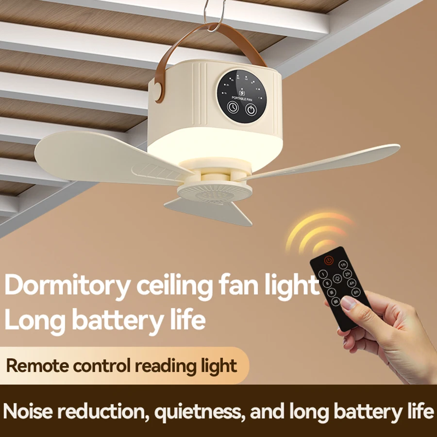 4 Speeds Portable Ceiling Fan, LED Display, 3-Level Night Light, 1-8H Timer, 3600mAh, Remote Control, Quiet Mini Fan for Camping