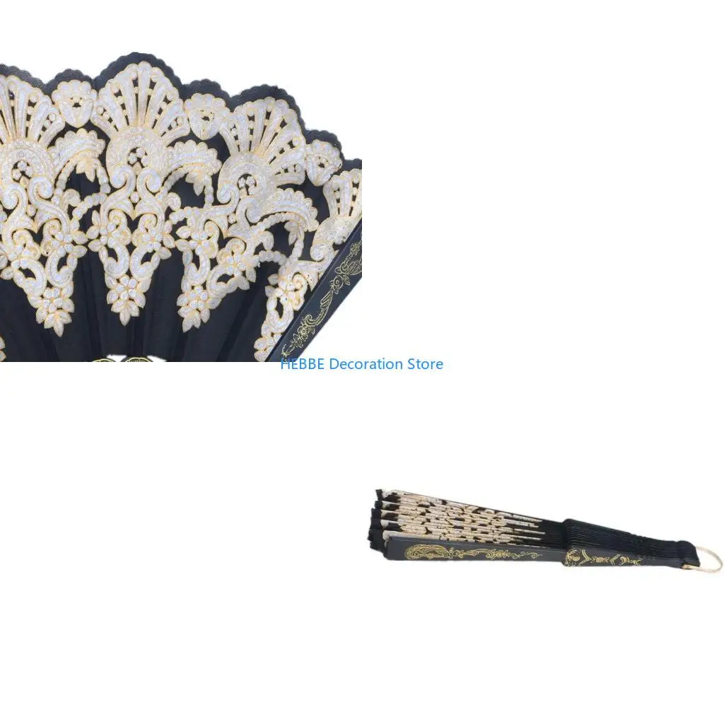B0KC Black Spanish Wedding Lace Silk Folding Hand Held Flower Fan