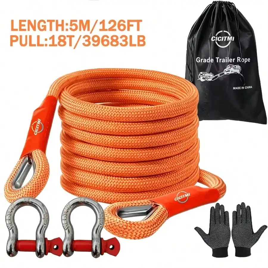 Ultra-Durable 18-Ton Off-Road SUV Polyamide Tow Rope Kit With Two U-Hooks And A Reflective Storage Bag. Available In Multiple Lengths (157 Inches, 275 Inches, 354 Inches), Front-Mounted, Suitable For Vehicles Weighing Over 135 Pounds.