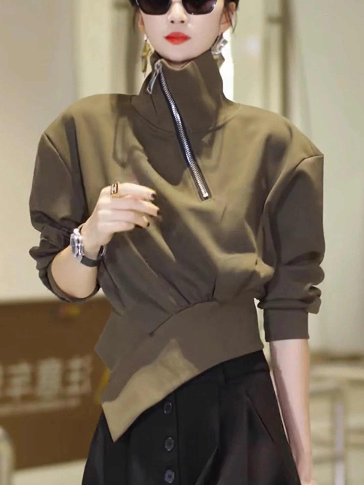 

Faionable High Collar f Zip Asymmetrical Casual Sweatirt Women's Spring New Sle Unique Top Comfortable Long Sve