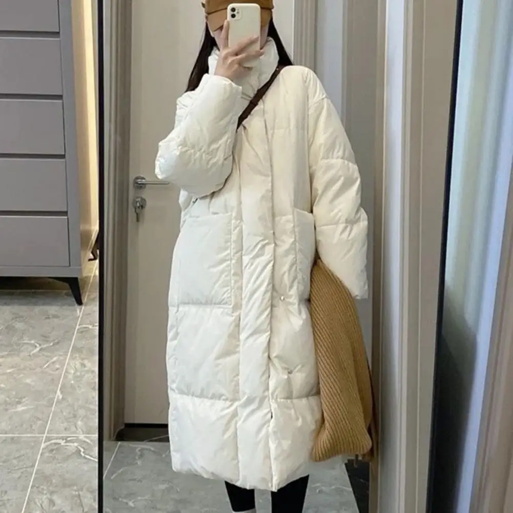 Women Coat Windproof Knee-length Down Coat with Stand Collar Pockets Zipper Closure for Weather Outwear Thickened Padded Heat