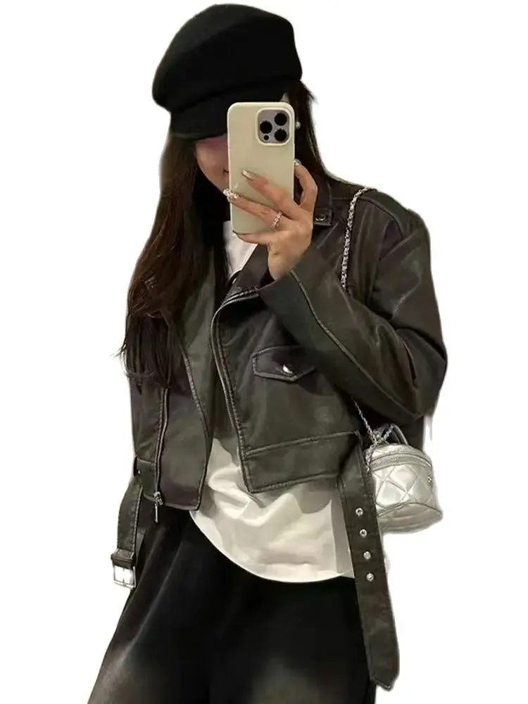 2024 nuove donne di moda Vintage allentato Pu ecopelle giacche corte cintura Streetwear cerniera femminile Retro Motor Biker cappotti Outwear