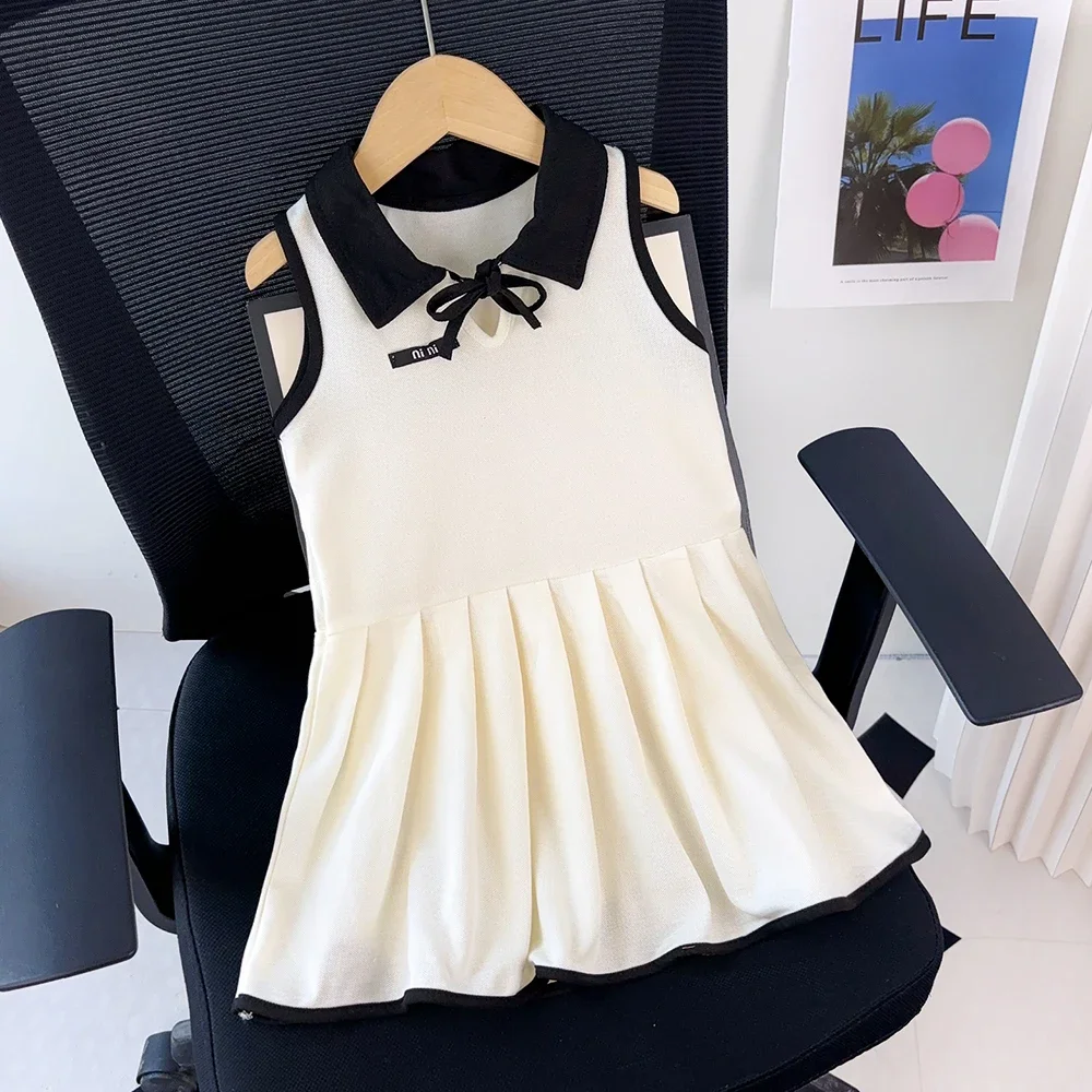 2025 Summer New Sleeveless Girls' Casual Clothes Black Lapel Vest Pleated Dress Korean Version Fashion Children Aged 2-7