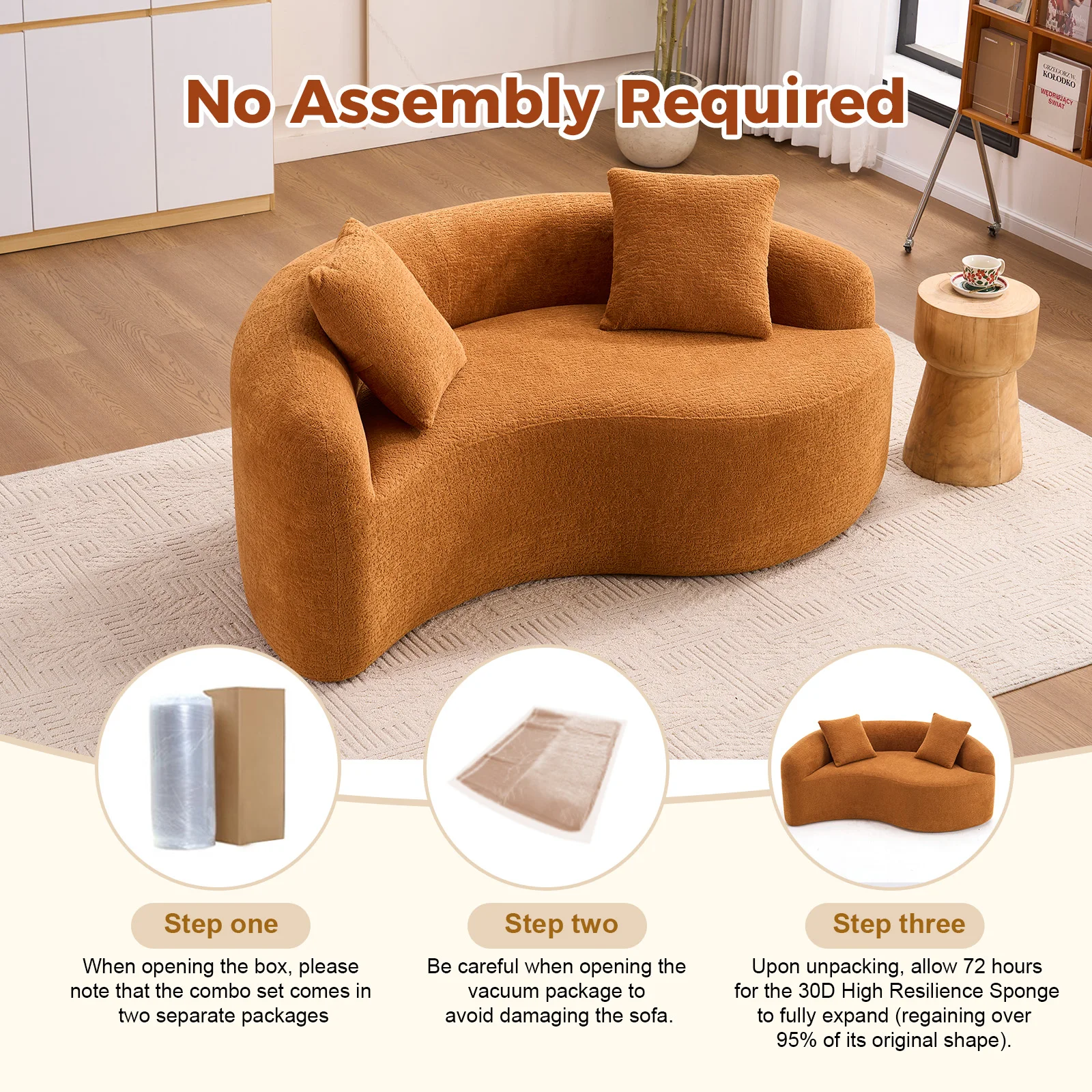 Fully compressed sponge double sofa curved double depth sofa orange