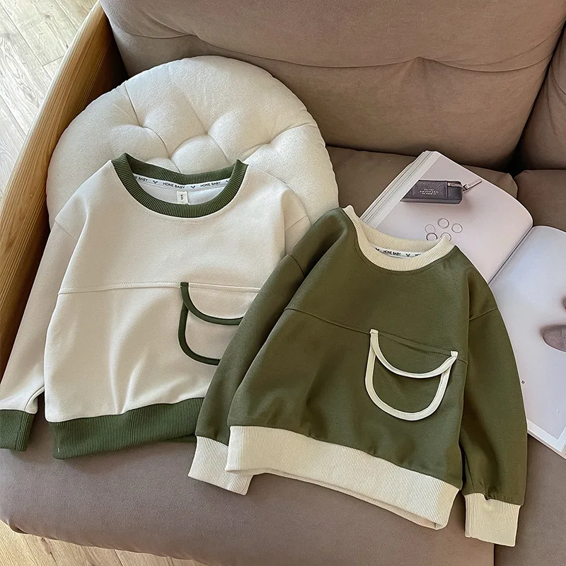 2 To 10 Years , 2024 Autumn Children\'s Sweatshirts For Baby Boys Pullover Sweatshirt Children Clothings Beige Green Top Hoodie