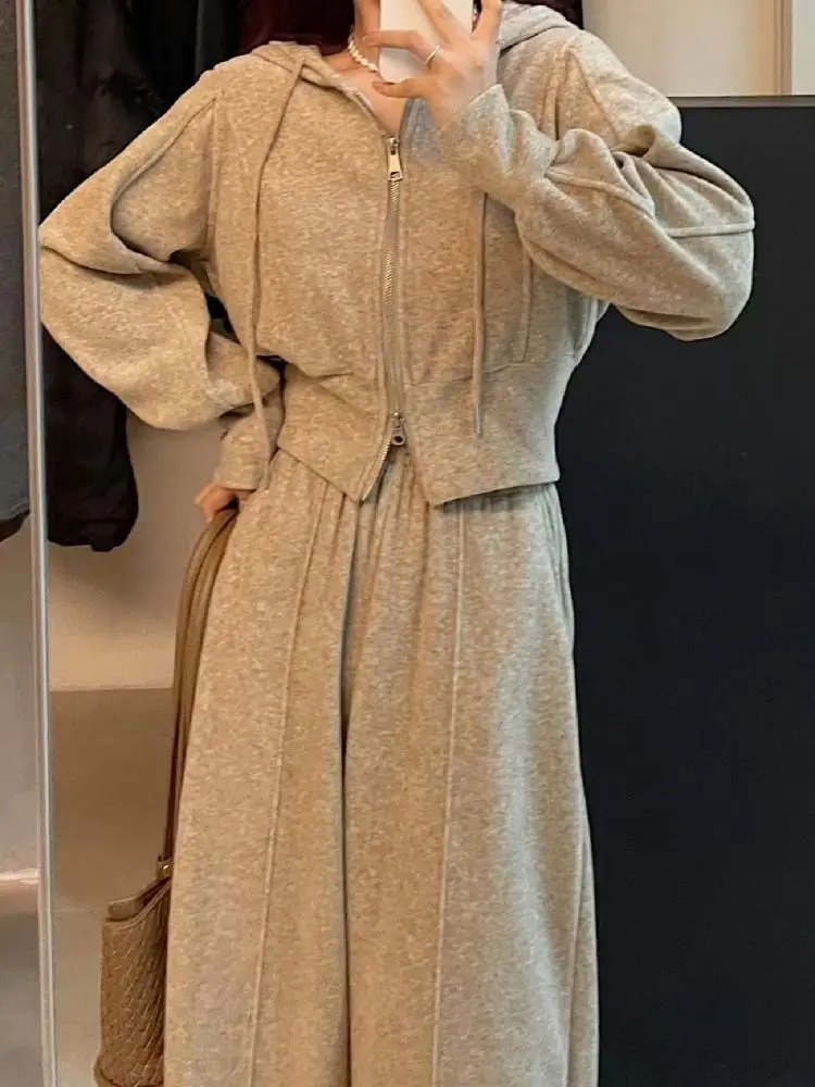 2025 sportswear set women's spring and autumn new lazy wind loose cardigan hooded sweater wide-leg trousers two-piece set