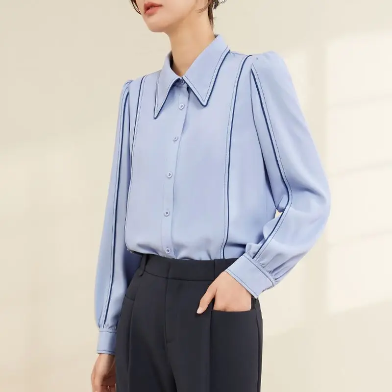 Blue Western Style Shirt for Women Spring and Autumn New Fashion French Style Top Chiffon Oversized Long Sleeved Shirt for Women