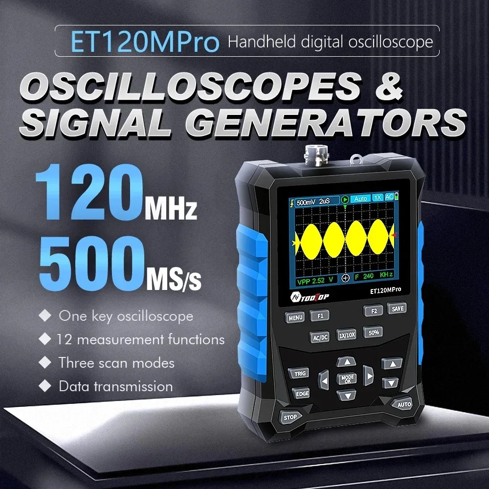 TOOLTOP ET120Mpro Generatore di segnale oscilloscopio digitale portatile 2 in 1 120 MHz 500 MS/s Frequenza di campionamento veloce Mini oscilloscopio automatico