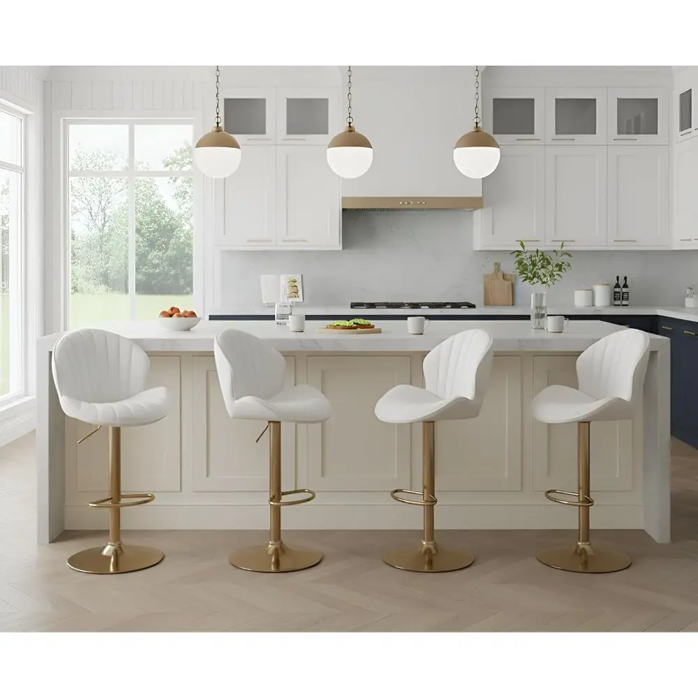 

White Leather Adjustable Swivel Bar Stools Set of 4 with Cream PU Shell Back, Gold Base for Kitchen Island/Home Bar